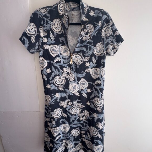 Spartina 449 Collared Quarter Zip Blue Paisley Floral Short Sleeve Dress size M - Picture 1 of 9